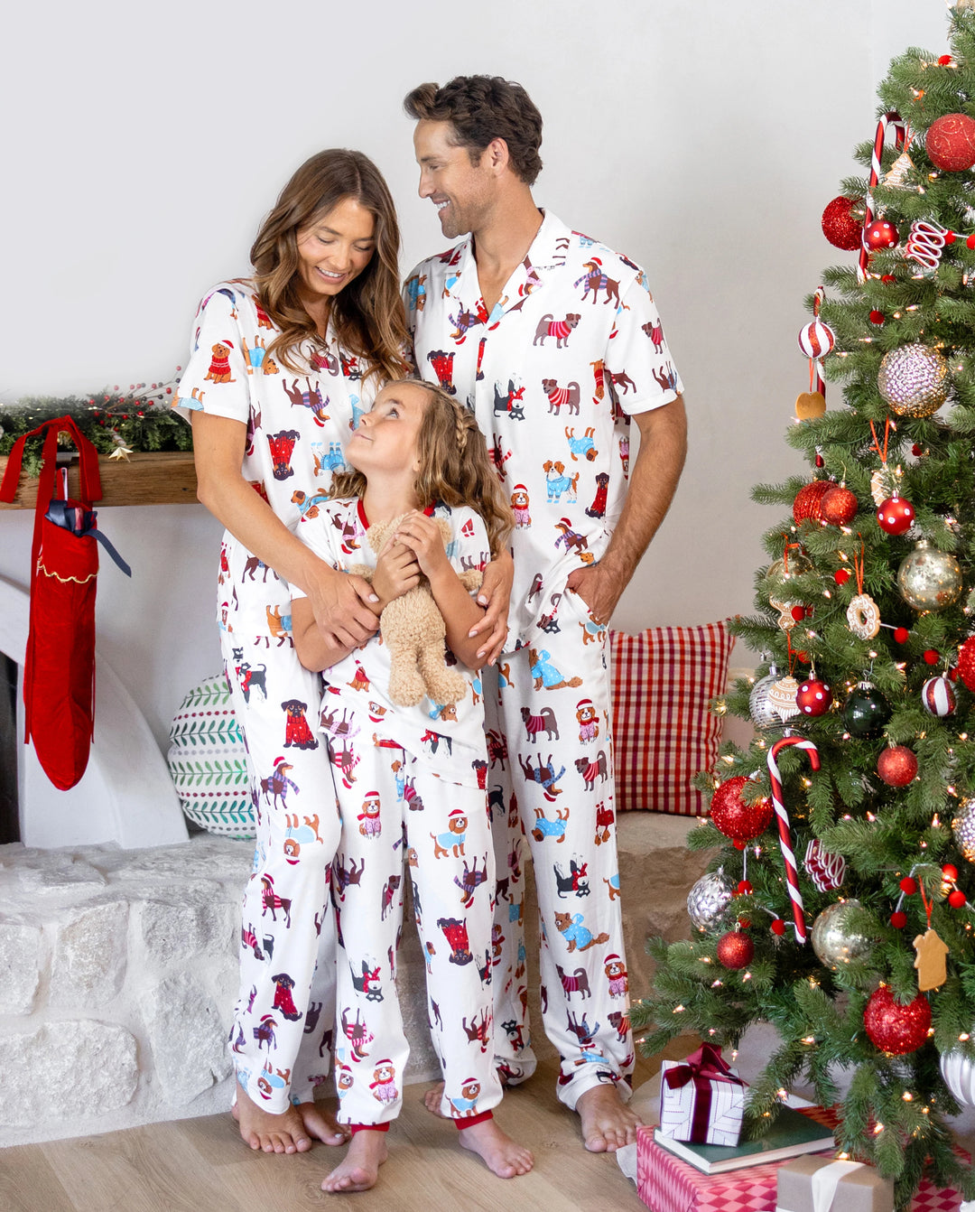 Christmas Matching Family Pajamas Festive Dog Print Red & White