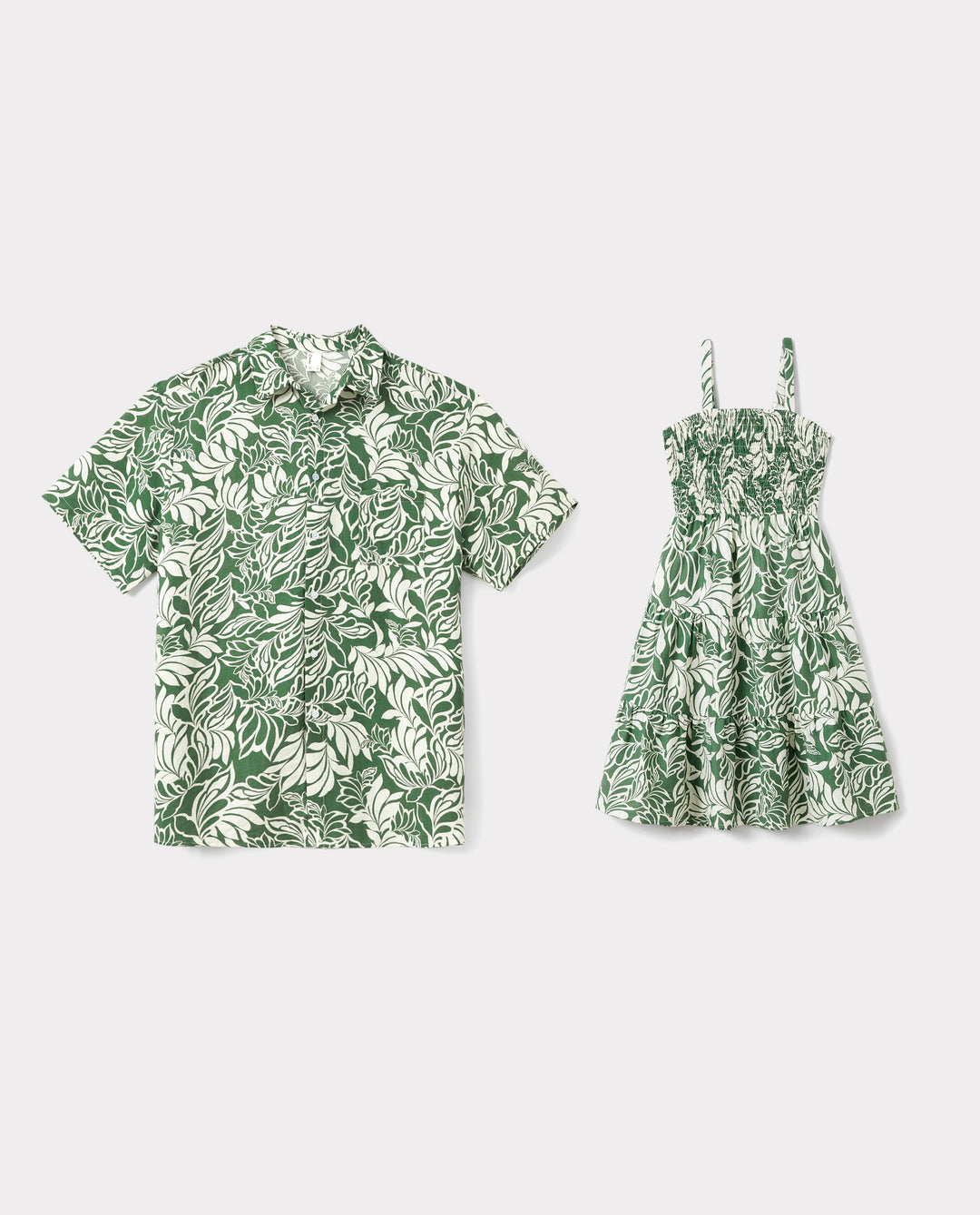 Daddy & Daughter Leaf Print Short-sleeve Shirt or Halter Dress Green Set Green