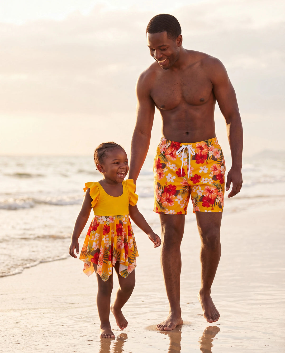 Daddy & Tochter Blumenmuster Badeshorts mit Kordelzug oder Fließendes Zusammengesetztes Mesh Badeanzugkleid mit Dreieck Badehose Gelb