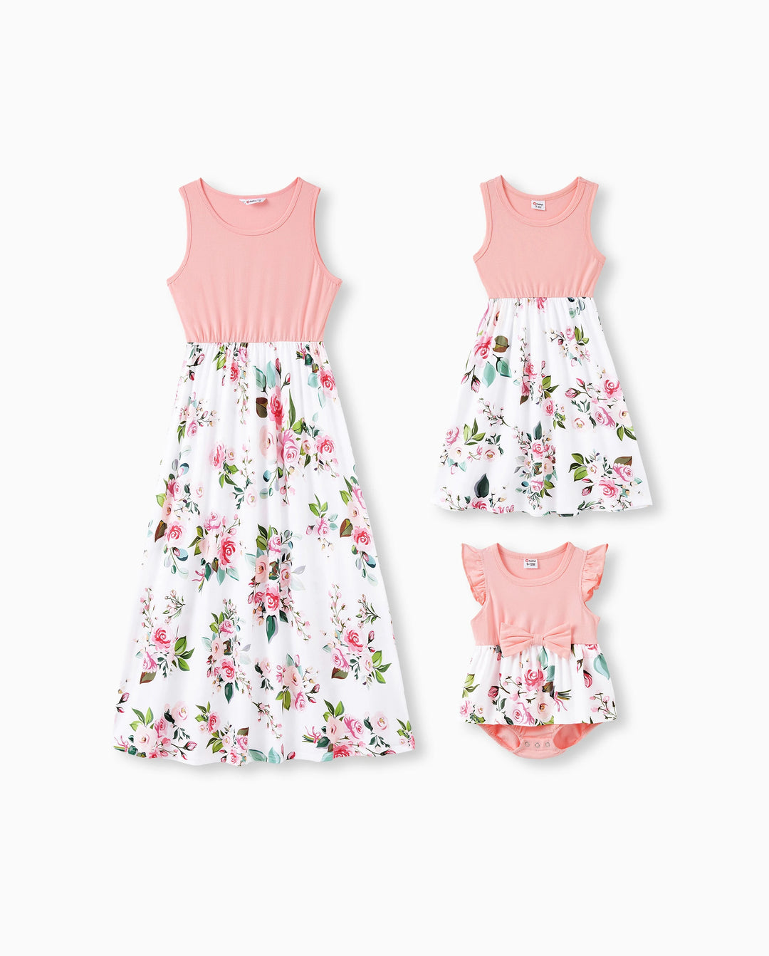 Conjuntos familiares a juego para mamá y yo Vestidos midi sin mangas con estampado floral combinado en rosa y polos de manga corta con bloques de color Rosa