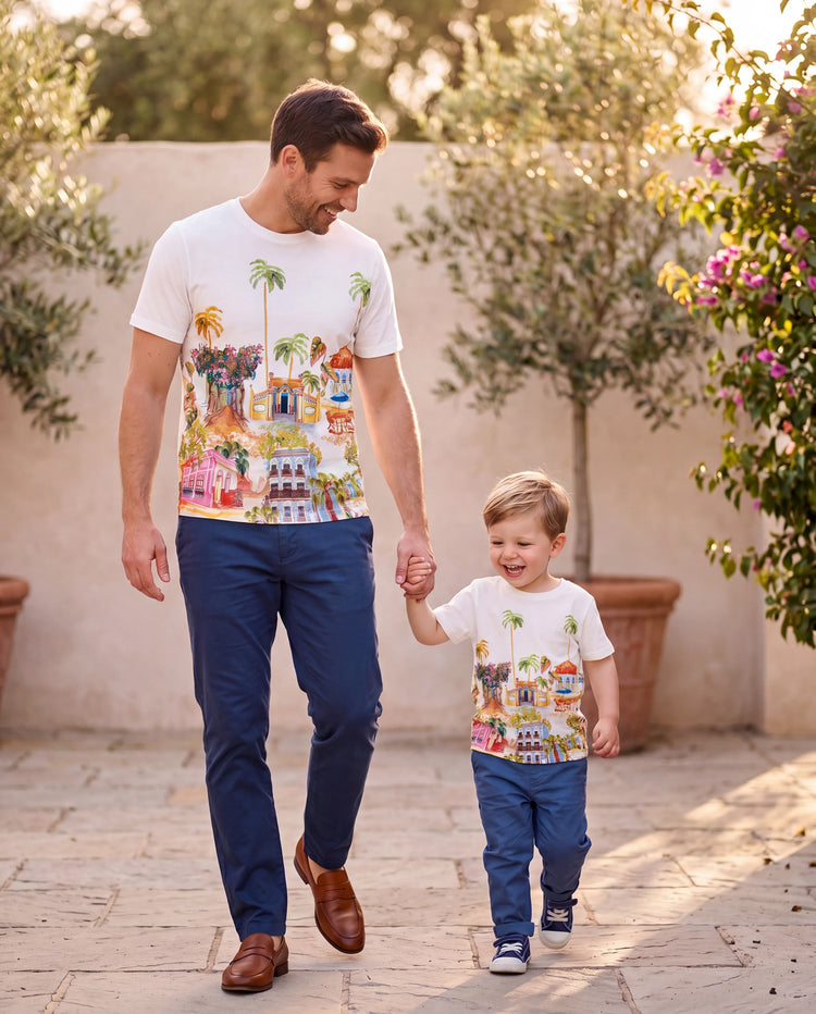 Daddy & Son Vacation Set Tropical Pineapple Coconut Tree Print Short-sleeve T-shirt or Hollow out Strap Dress for Summer Vacation White