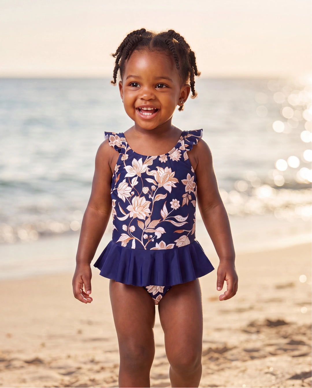 Bañadores con estampado floral para niña pequeña 2 en 1 de una pieza Azul profundo
