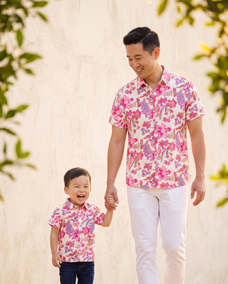 Daddy & Son Outfits Set Tropical Flora Print Short-sleeve Collar Shirt or Halter Belted Dress for Summer Vacation Beige