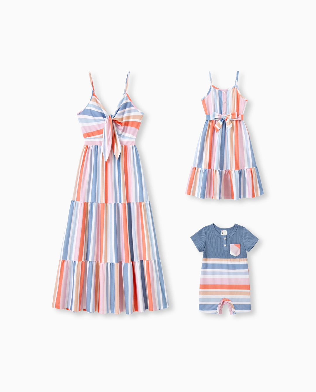 Mommy and Me Family Matching Blue Short-sleeve Tee or Colorful Stripe Camisole Dress Multi-color
