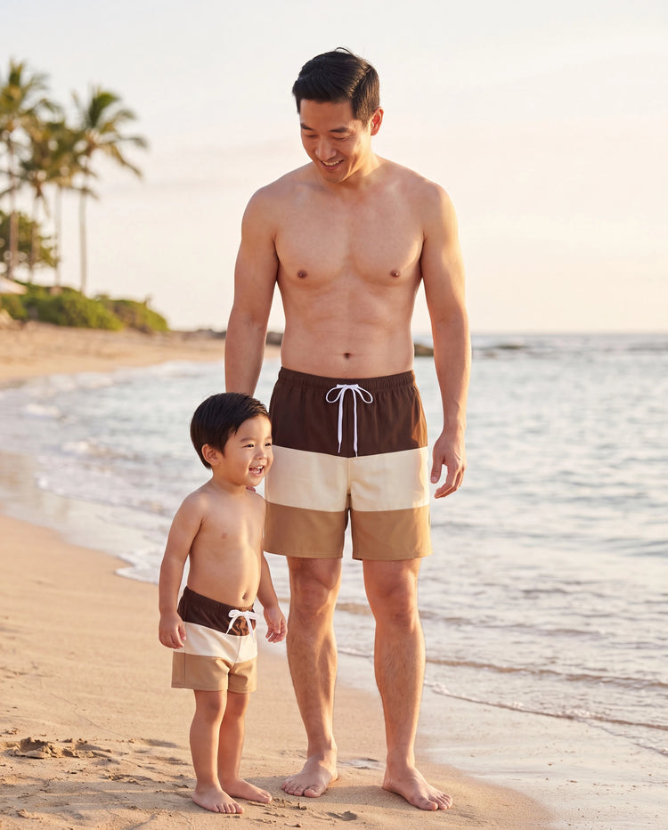Daddy & Sohn Colorblock-Badeanzüge Sommer Strandurlaub Badebekleidung Kaffee