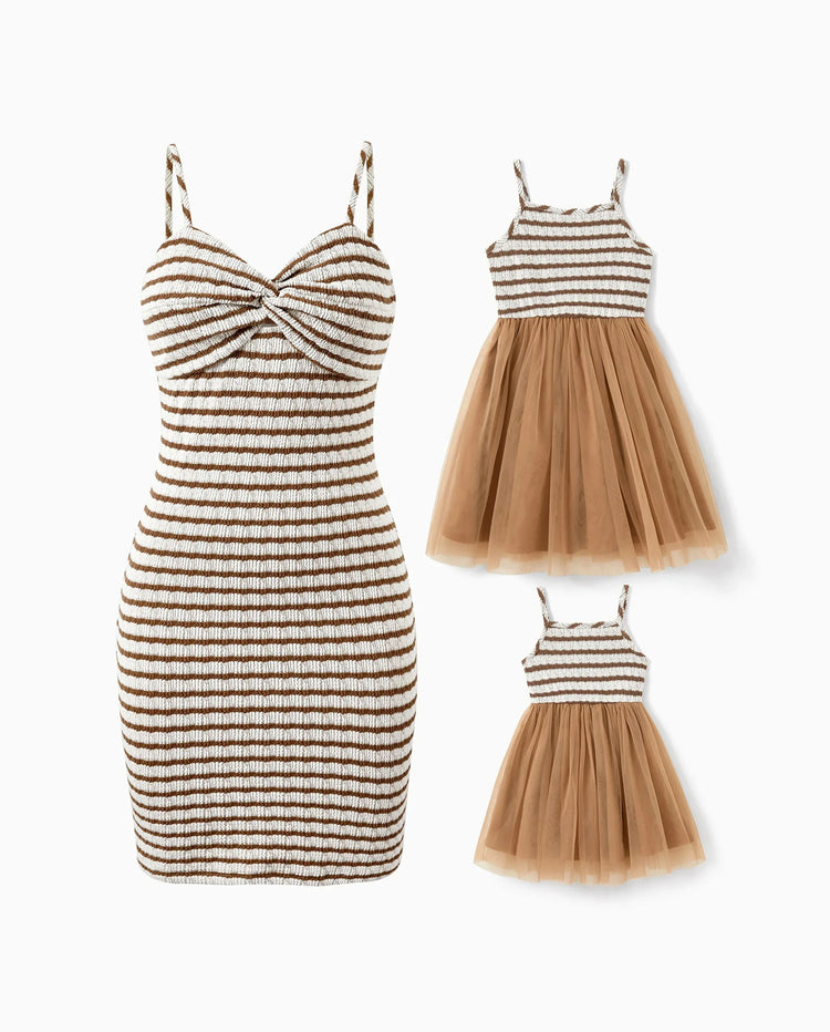 Matching Striped Dresses for Mommy & Me  Twist-Front Dress with Tulle Skirt, Perfect for Summer Family Outings & Photos Khaki
