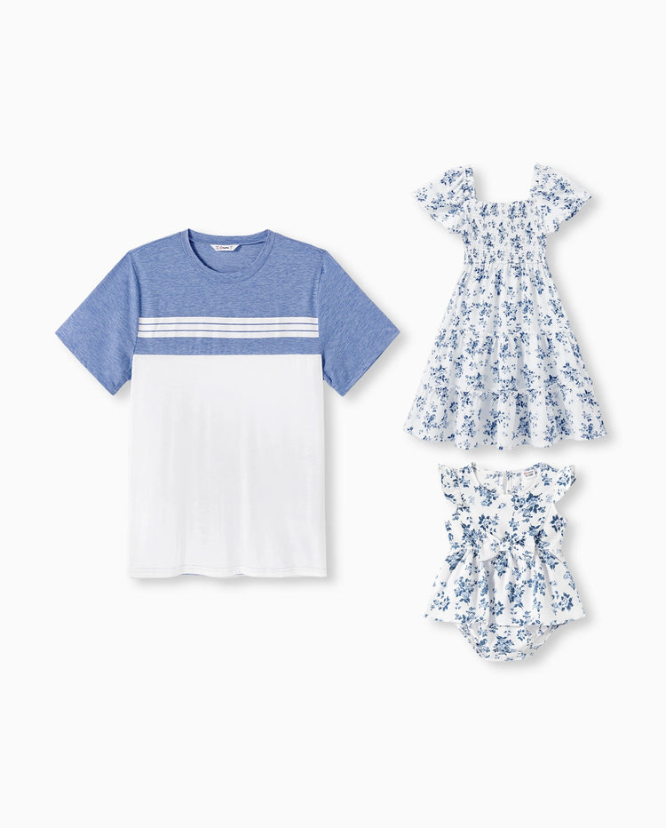 Conjunto de Papá y Hija: Traje casual con fruncido floral AZULBLANCO