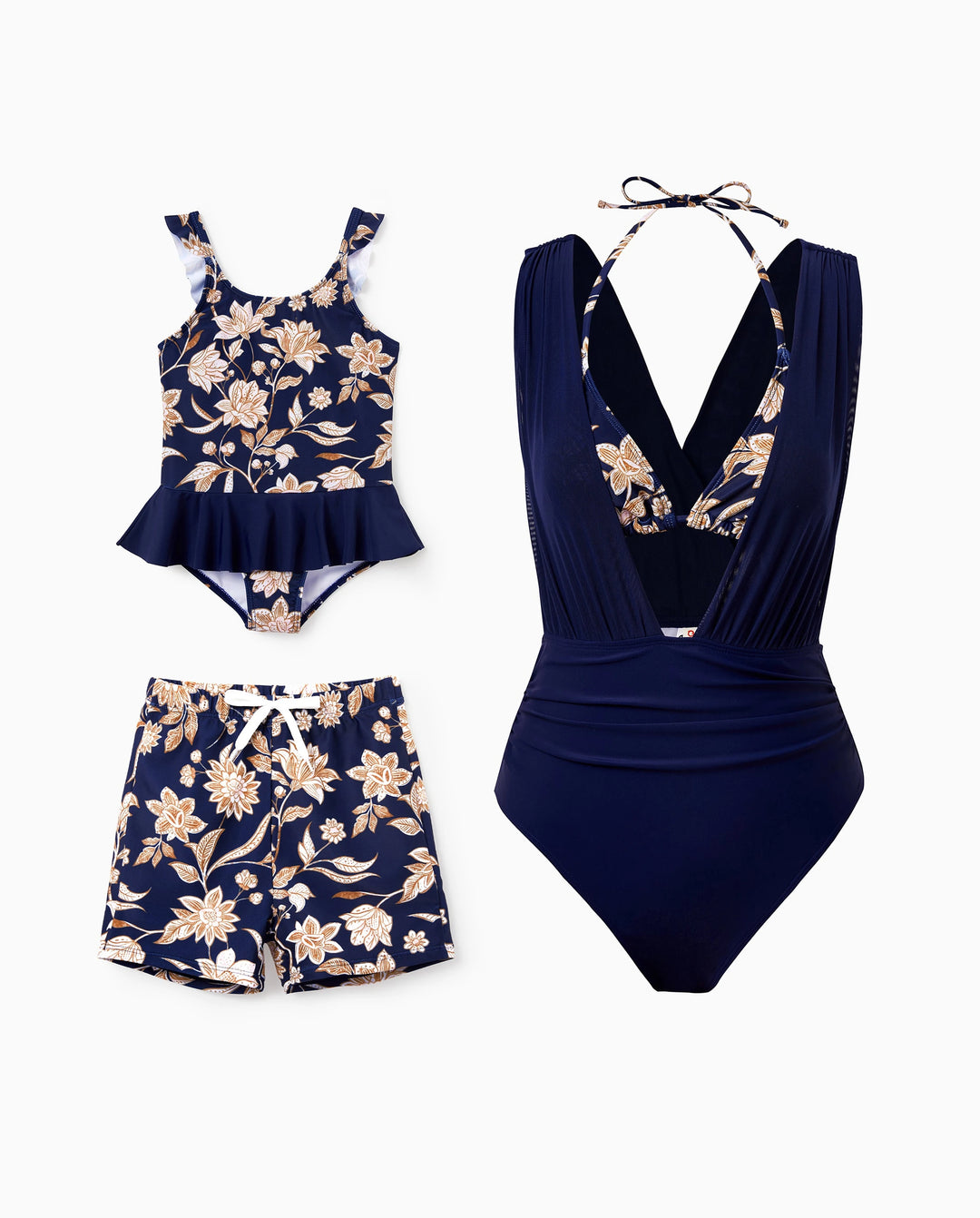 Maillots de bain assortis maman et moi à imprimé floral Maillot une pièce 2-en-1 & short de bain Bleu foncé