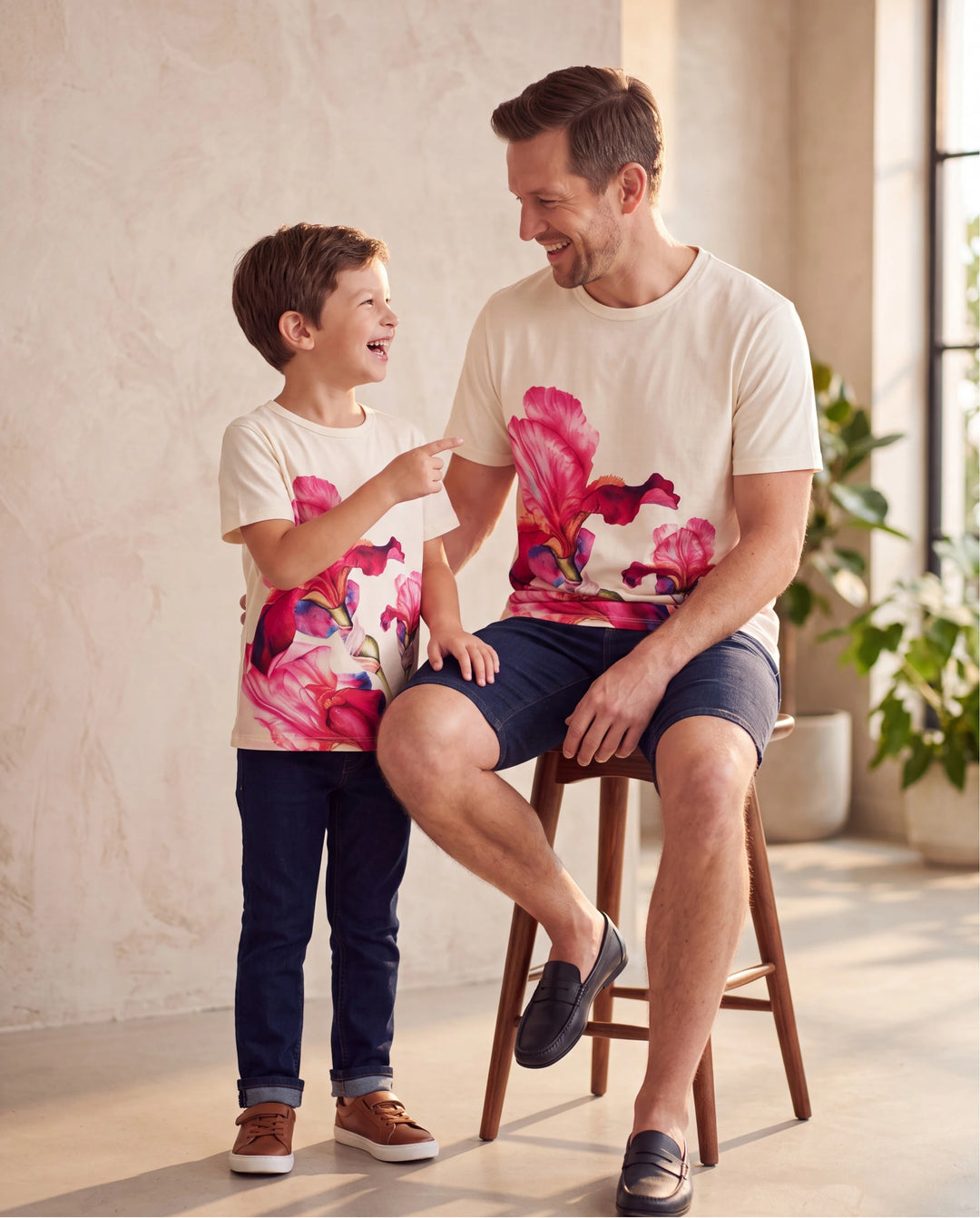 Daddy & Son Casual Outfit Floral Print T-shirt or Halter Dress Summer Set for Vacation Apricot