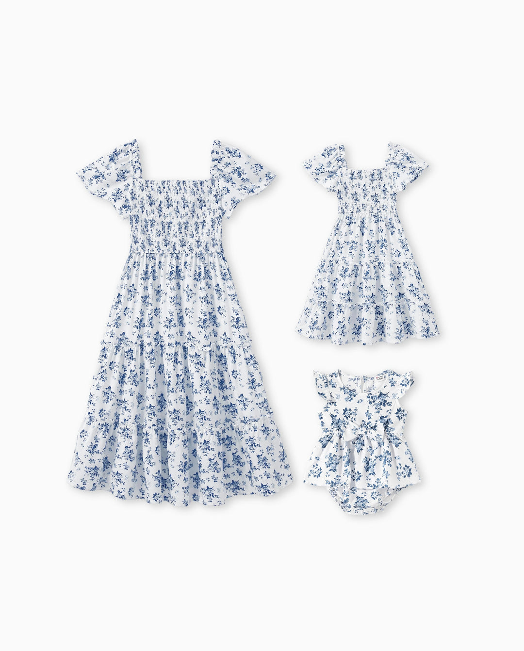 Tenue Maman & Moi : Ensemble Décontracté à Smocks Floraux BLEUBLANC