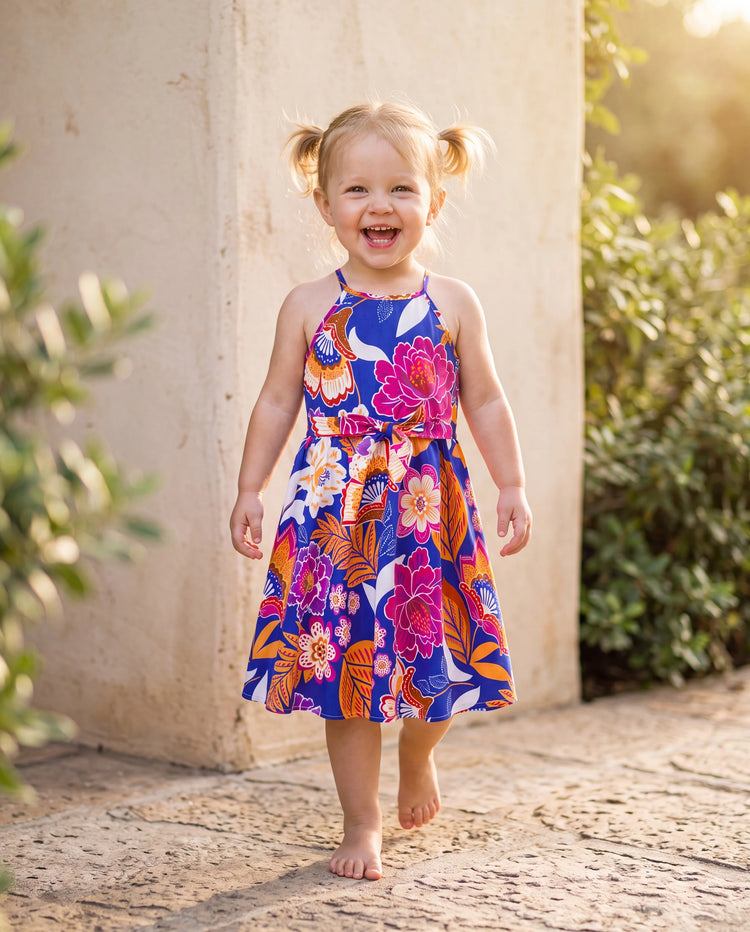 Tenues hawaïennes pour fille tout-petit/enfant, imprimé floral tropical, robe à bretelles ceinturée, ensemble vêtements de vacances d'été pour la plage, marine
