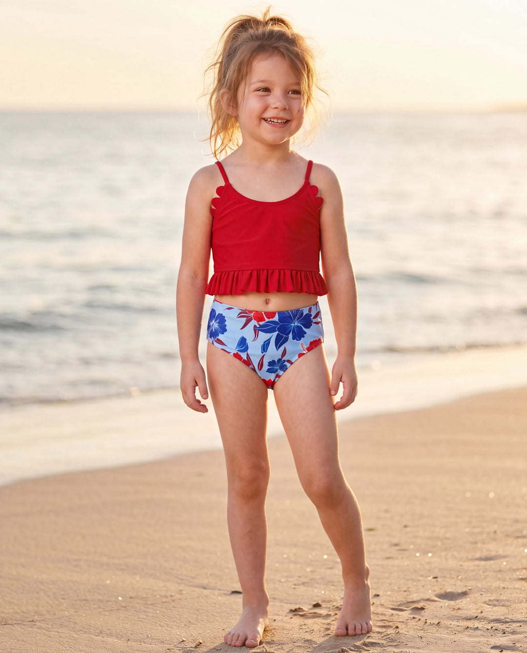 Conjunto de bikini con estampado floral para niña pequeña, perfecto para días de playa y fiestas en la piscina Rojo