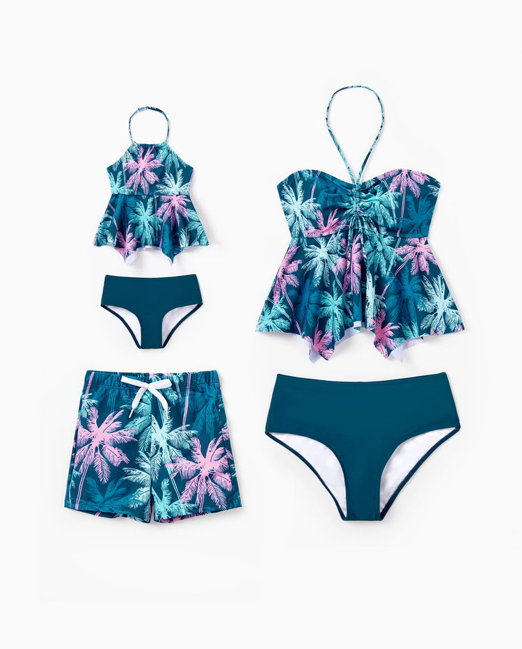 Mommy & me Swimsuits Tropical Palm Tree Print, Mommy and Me Ruffle two-piece Swimsuit, Beach Vacation Swimwear Turquoise