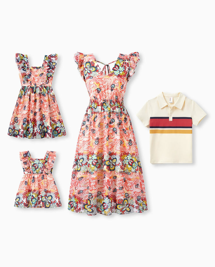 Mommy & me Casual Outfit Colorblock Polo Collar T-shirt or Floral Print Flutter Sleeveless Dress Set Orange red