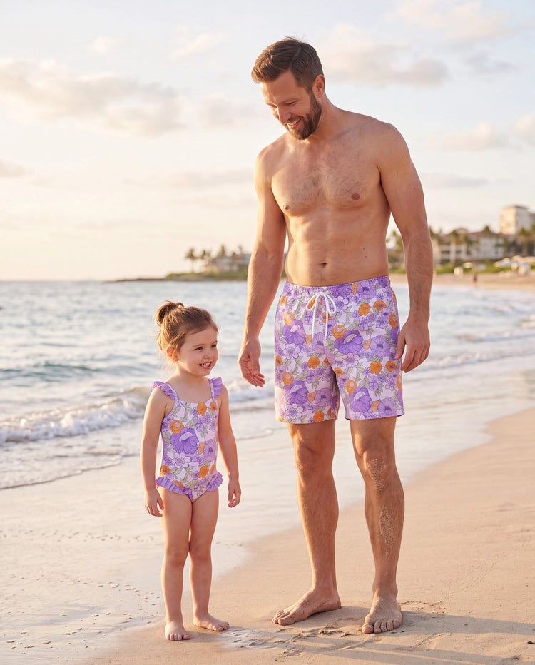 Daddy & Daughter Floral Print Swimsuits Ruffled One-Piece Bathing Suit & Swim Trunks Set Purple