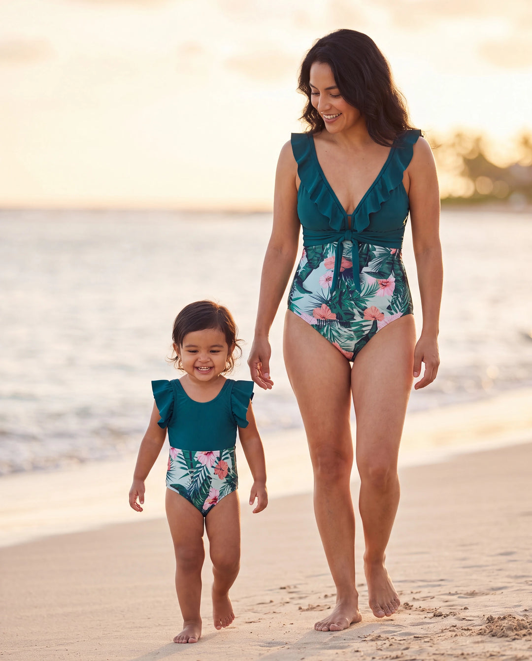 Mommy & me Plant Print Ruffle Trim Spliced One-piece Swimsuit Green