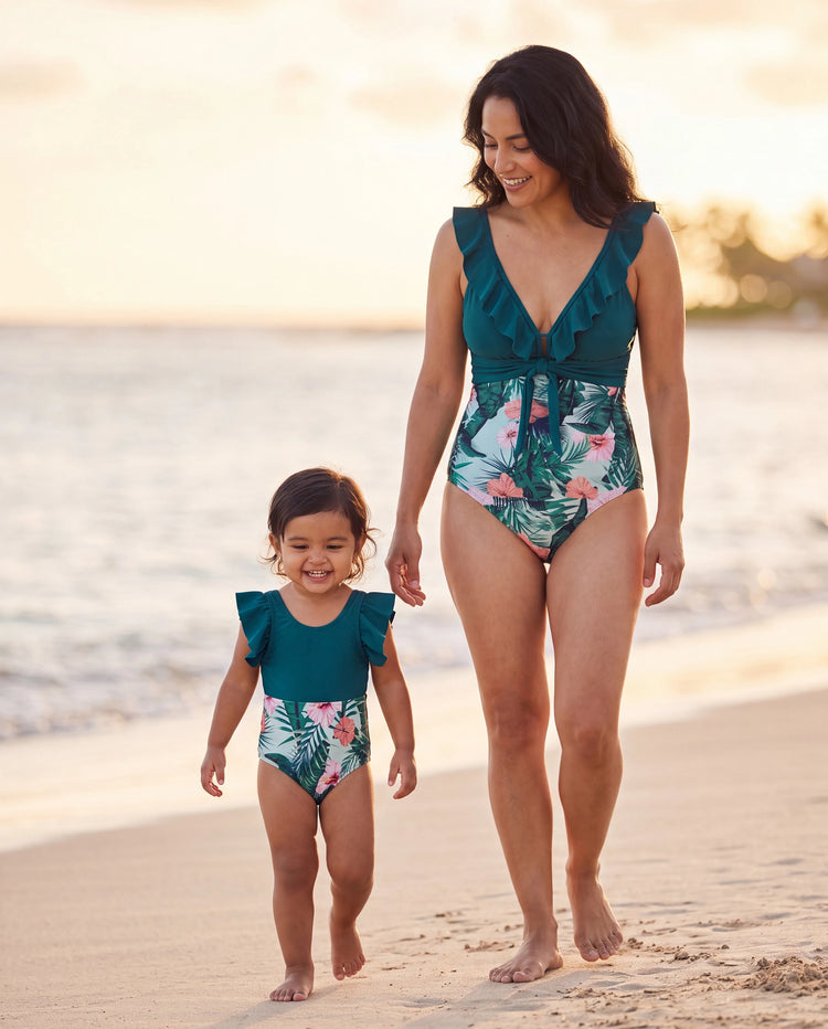 Mommy & me Plant Print Ruffle Trim Spliced One-piece Swimsuit Green