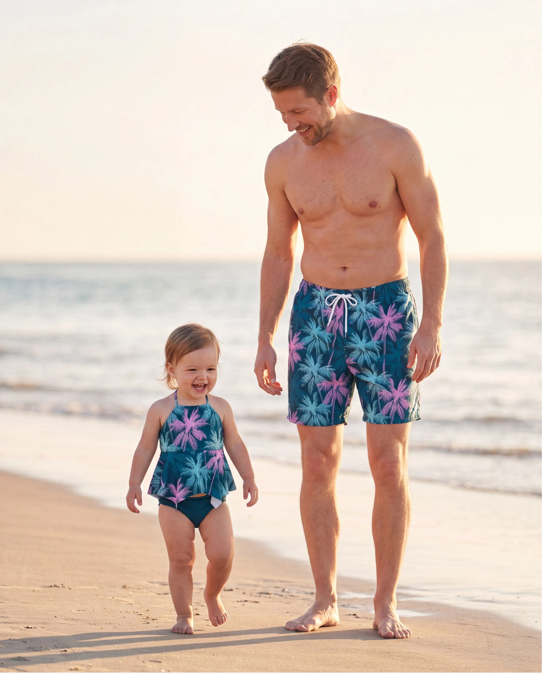 Daddy & Tochter Badeanzüge mit tropischem Palmenmuster, Strandurlaub-Bademode Türkis