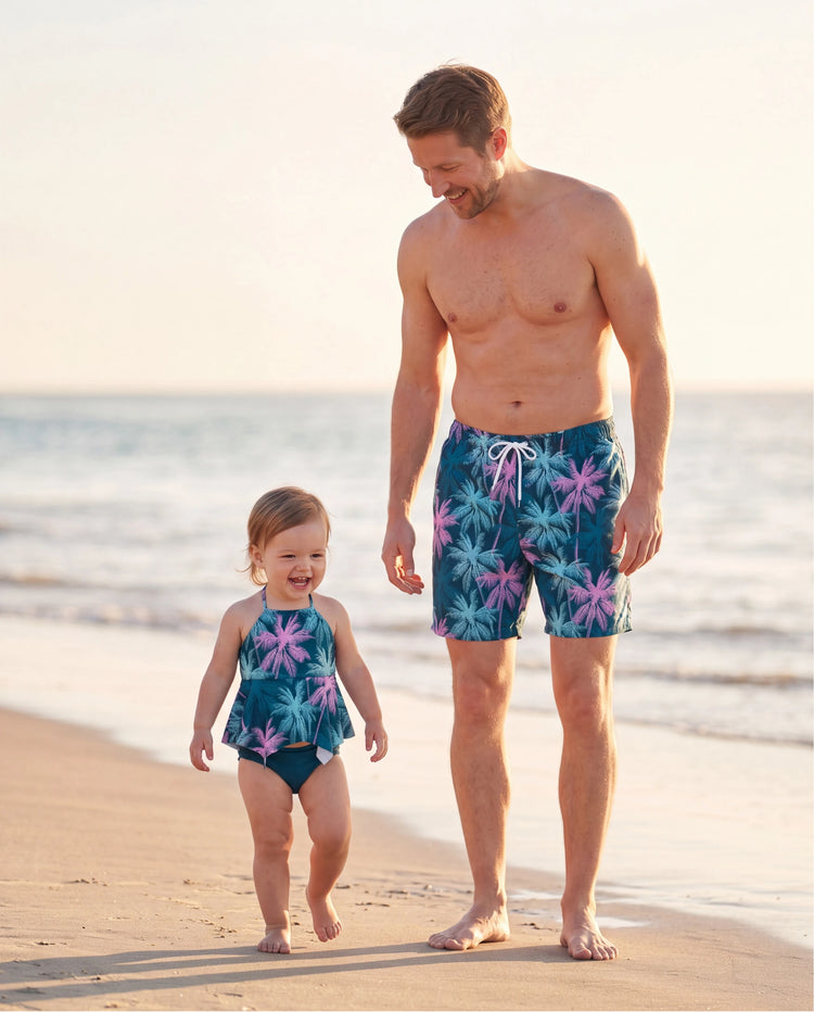 Daddy & Tochter Badeanzüge mit tropischem Palmenmuster, Strandurlaub-Bademode Türkis