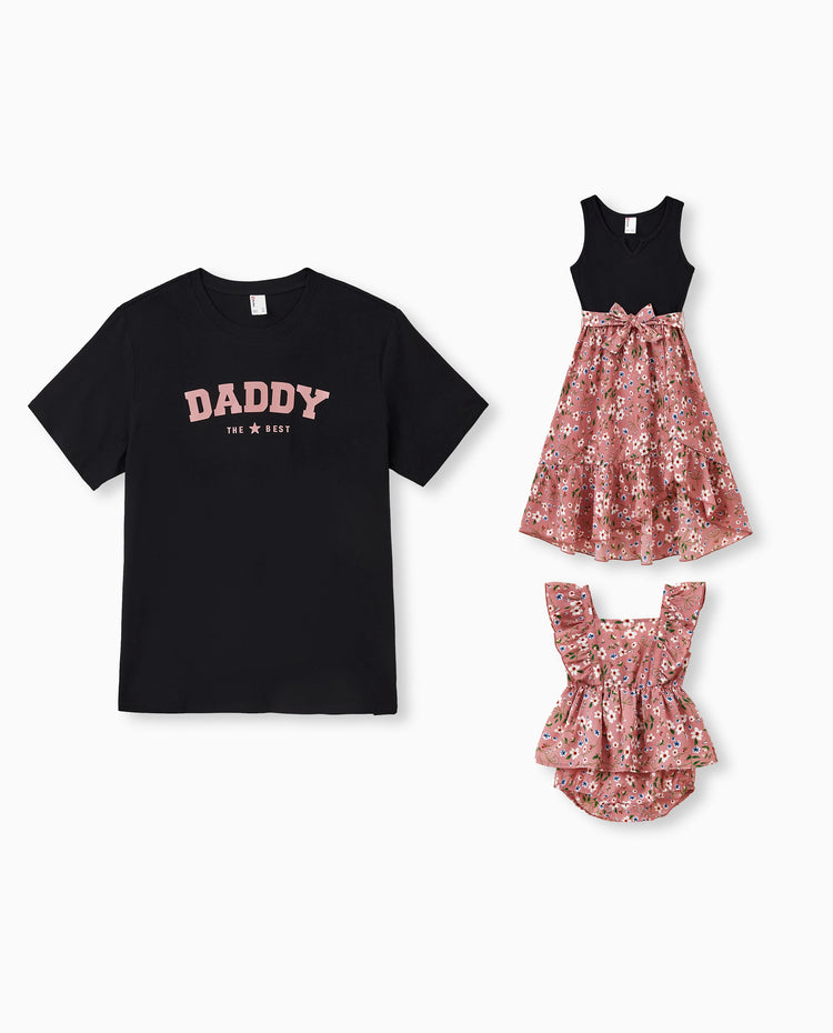 Daddy & Daughter Cotton T-Shirt & Dress Set Daddy / Mini Print Black Tee for Dad and boy, Floral Print splicing Dress for Mom, girl and Baby, Perfect for Summer Family Outings Black
