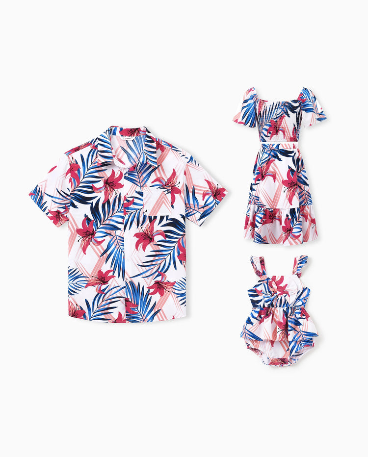 Conjuntos Tropicales de Papá e Hija Camisa de Manga Corta con Estampado de Hojas Rosas y Azules o Top Fruncido de Un Hombro y Falda a Juego para Vacaciones, Crucero, Playa Blanco