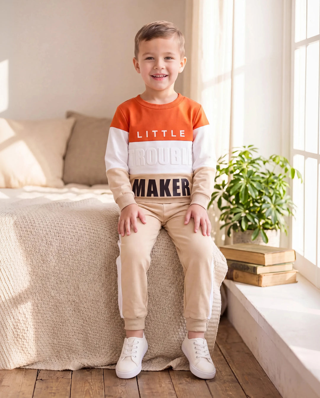 Conjunto de 2 piezas de sudadera y pantalón con estampado de letras a la moda para niño pequeño, color albaricoque