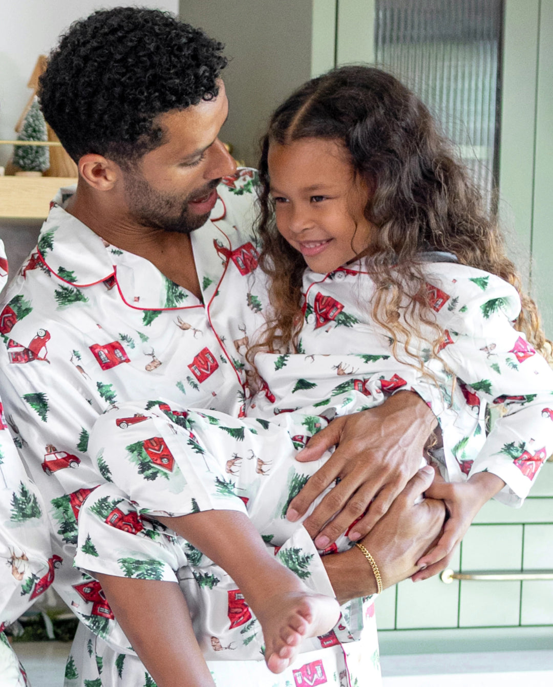 Christmas Matching Family Satin Pajamas Xmas Village Print Multicolor