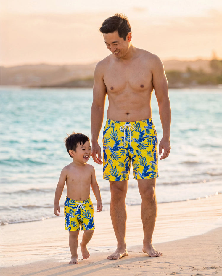 Short de bain à imprimé feuilles jaunes Daddy & Son avec option paréo Jaune