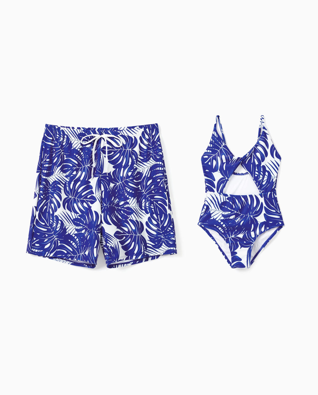 Bañadores con estampado de hojas tropicales o traje de baño de una pieza con tirantes cruzados huecos para papá e hija Azul