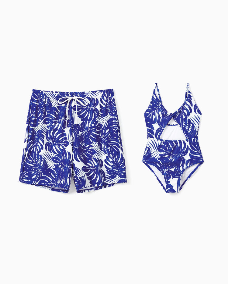 Bañadores con estampado de hojas tropicales o traje de baño de una pieza con tirantes cruzados huecos para papá e hija Azul