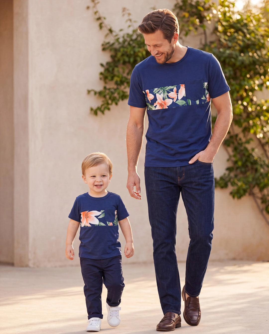 Conjuntos familiares a juego para papá y yo Camisetas de manga corta con panel floral o vestidos midi con tirantes de espagueti y estampado floral completo con cierre oculto azul real
