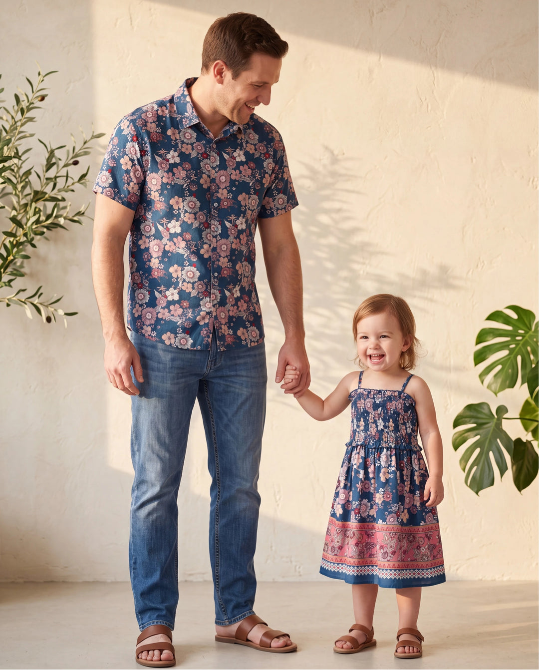 Papa & Tochter Outfits Blumen-Allover-Druck Kurzarm-Hemd mit Kragen oder Neckholder-Ärmelloses Kleid für Sommerurlaub CYAN-