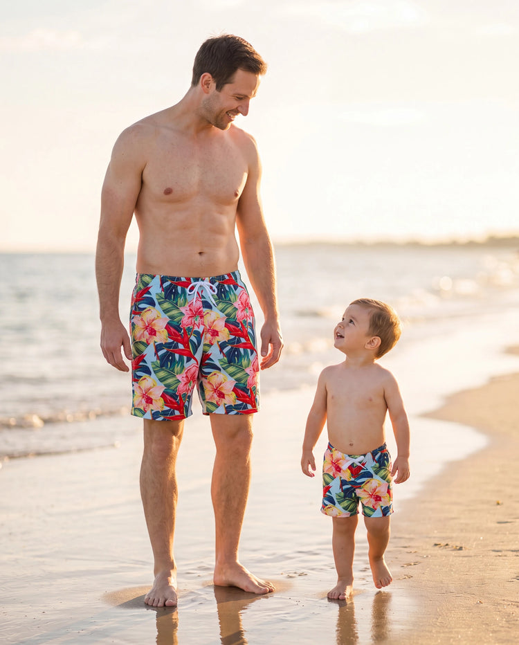 Papa und Ich Familien-Matching geblümte Kordelzug-Badeshorts oder geraffter Muschelrand-Bikini mit optionalem Bade-Cover-Up Rot