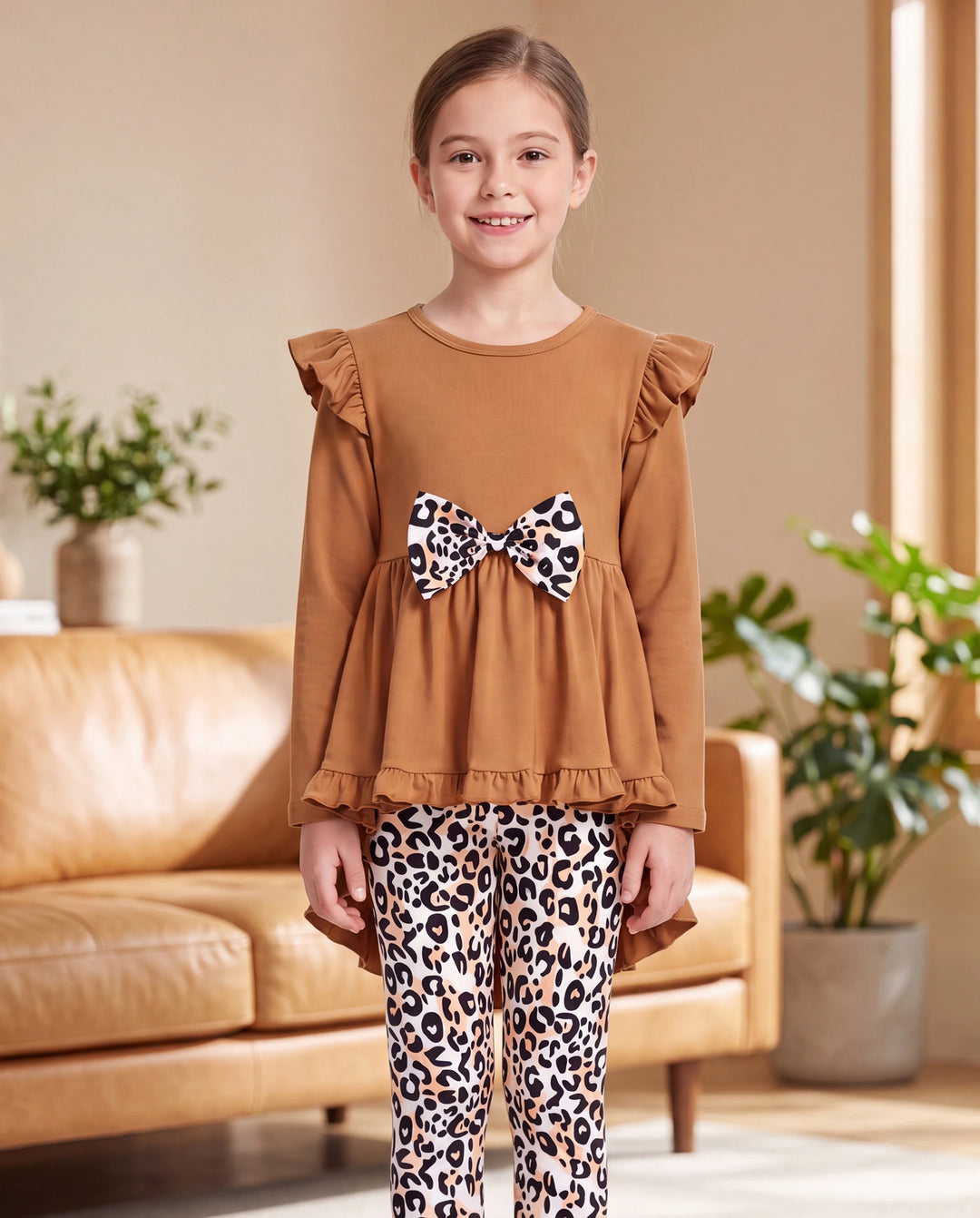 2-piece Kid Girl Bowknot Ruffled Long-sleeves Tee and Flower Allover Print Pants Brown