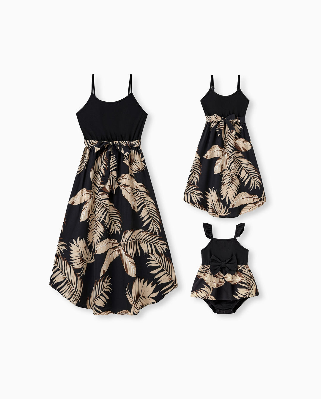 Mommy and Me Family Matching Floral Print Belted Cami Dresses And Solid Short Sleeve Tops Sets Black