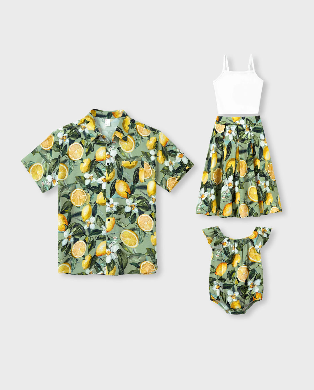 Daddy & Daughter Outfits – Lemon Print Hawaiian Shirts & Summer Dresses – Tropical Vacation Clothes for Men, Women & Kids Green