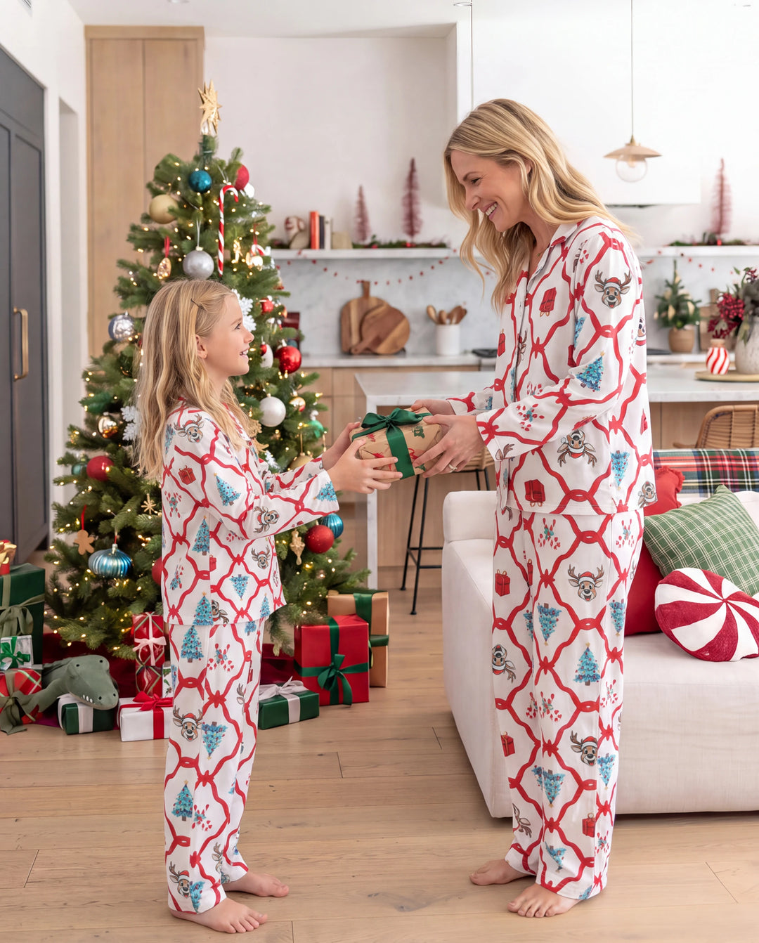 Christmas Matching Family Pajamas Reindeer & Xmas Tree Print Red