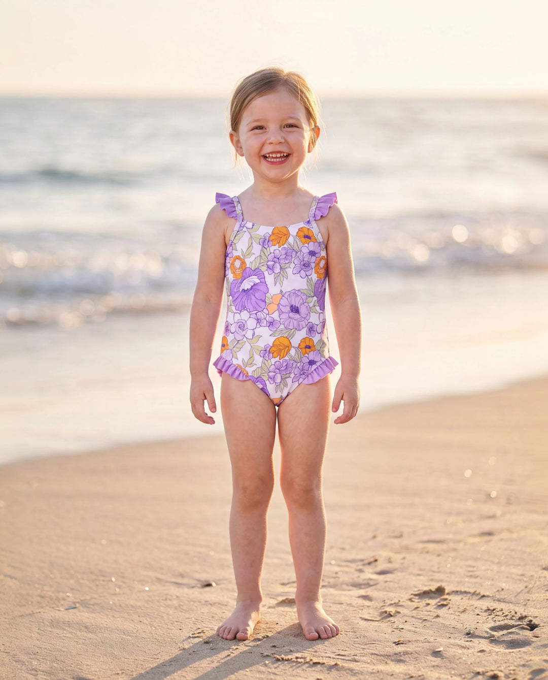 Bañador de una pieza con volantes y estampado floral para niña pequeña Púrpura