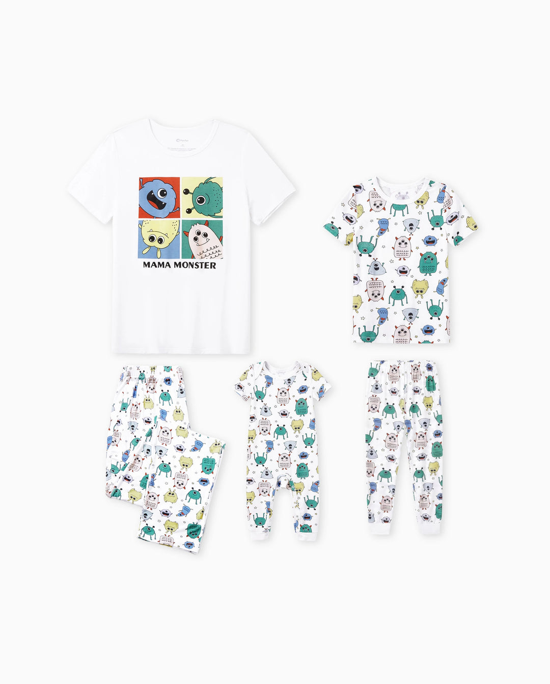 Daddy & Sohn Bambus Familien-Pyjamas Süßer kleiner Monsterdruck Kurzarm Passendes Pyjama-Set (Eng anliegend für Kinder) Weiß