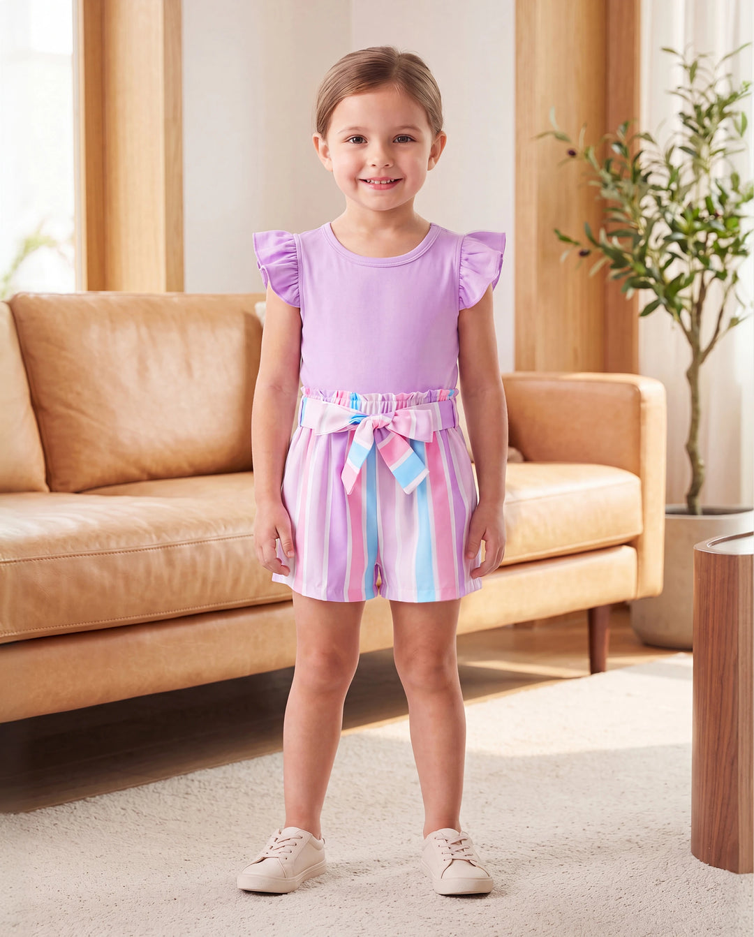 2pcs Toddler Girl Sweet Flutter-sleeve Tee and Stripe Belted Shorts Set Light Purple