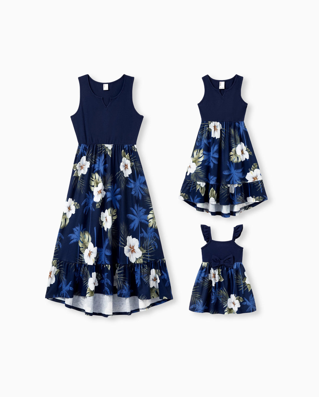 Conjunto Mamá y Yo Vestido sin Mangas con Estampado Floral y Detalles a Juego Azul Oscuro