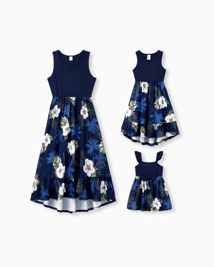 Conjunto Mamá y Yo Vestido sin Mangas con Estampado Floral y Detalles a Juego Azul Oscuro