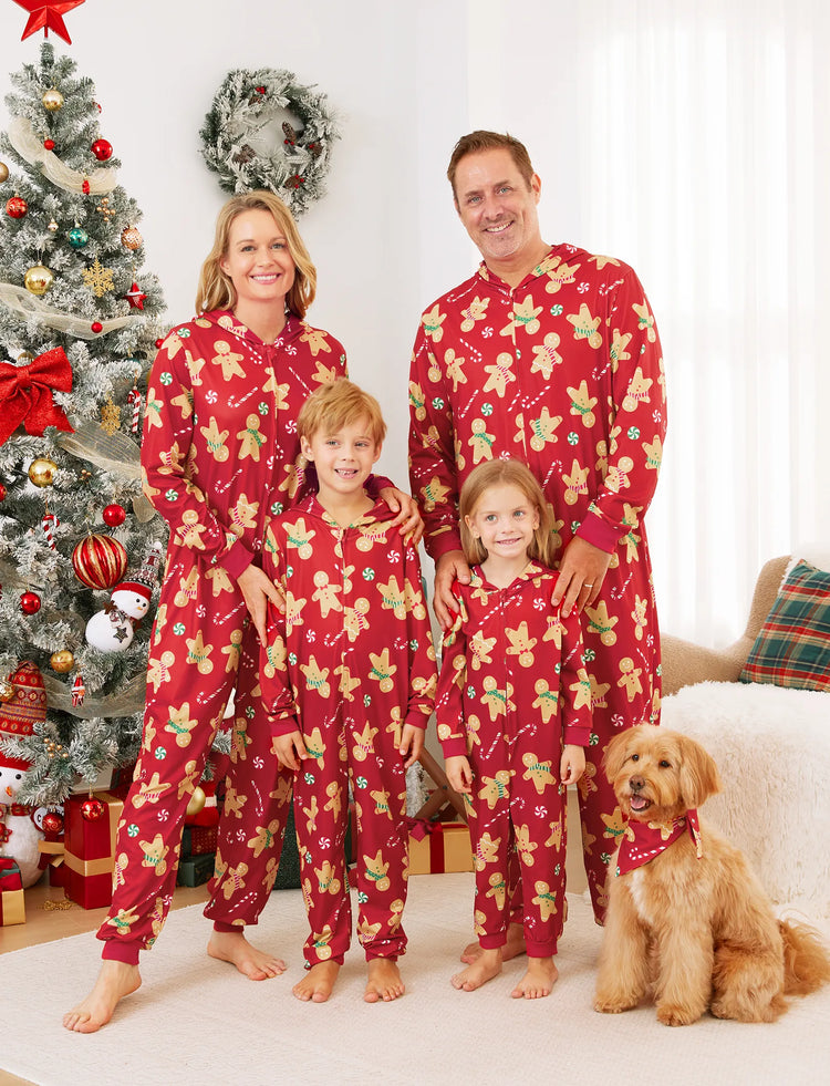 Christmas Family Matching Pajamas Sets Gingerbread Man Pattern Onesies Red-2