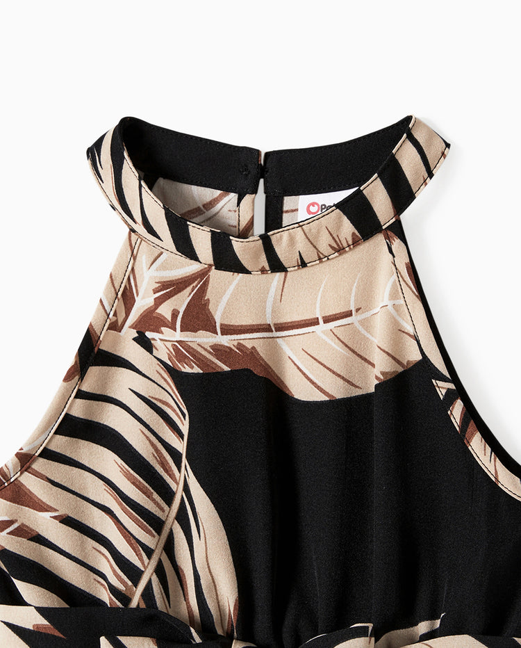 Family Matching Solid Leaf Sleeveless Halter Dresses And Short Sleeve Tops Sets Black