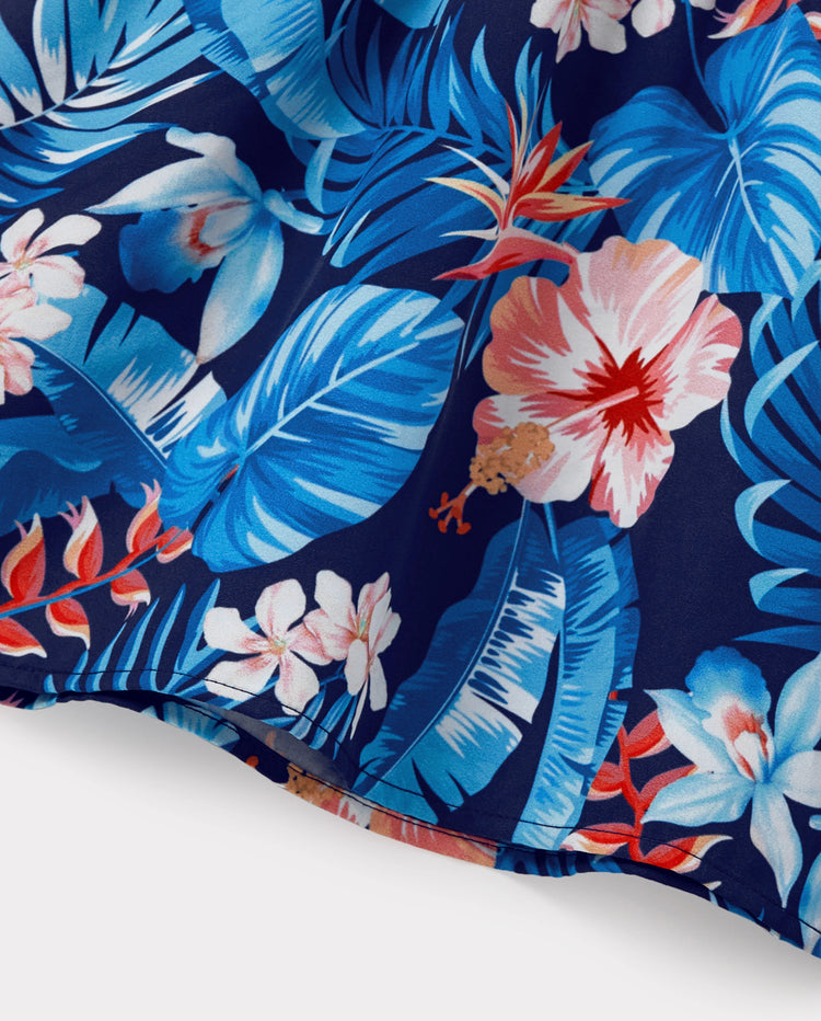 Family Matching Vacation Set Tropical Floral Print Shirt or Halter Dresses for Dad, Mom, Kids & Baby, Perfect for Summer Holidays & Family Photos Deep Blue