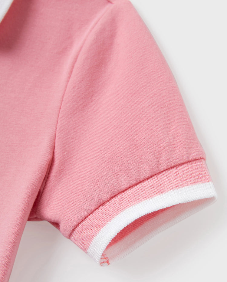 Family Matching Outfits Set Solid Color Short-sleeve Polo Collar Shirt or Flower Print Hollow out Dress  Pink
