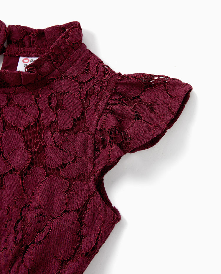 Family Matching Sets Plaid Shirt or Red Wine Lace Ruffle Sleeve A-Line Dress WineRed