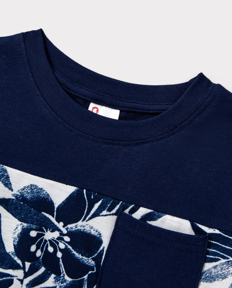 Family Matching Cotton Tee Flora Print Splicing Shirt or Tank Dress Deep Blue