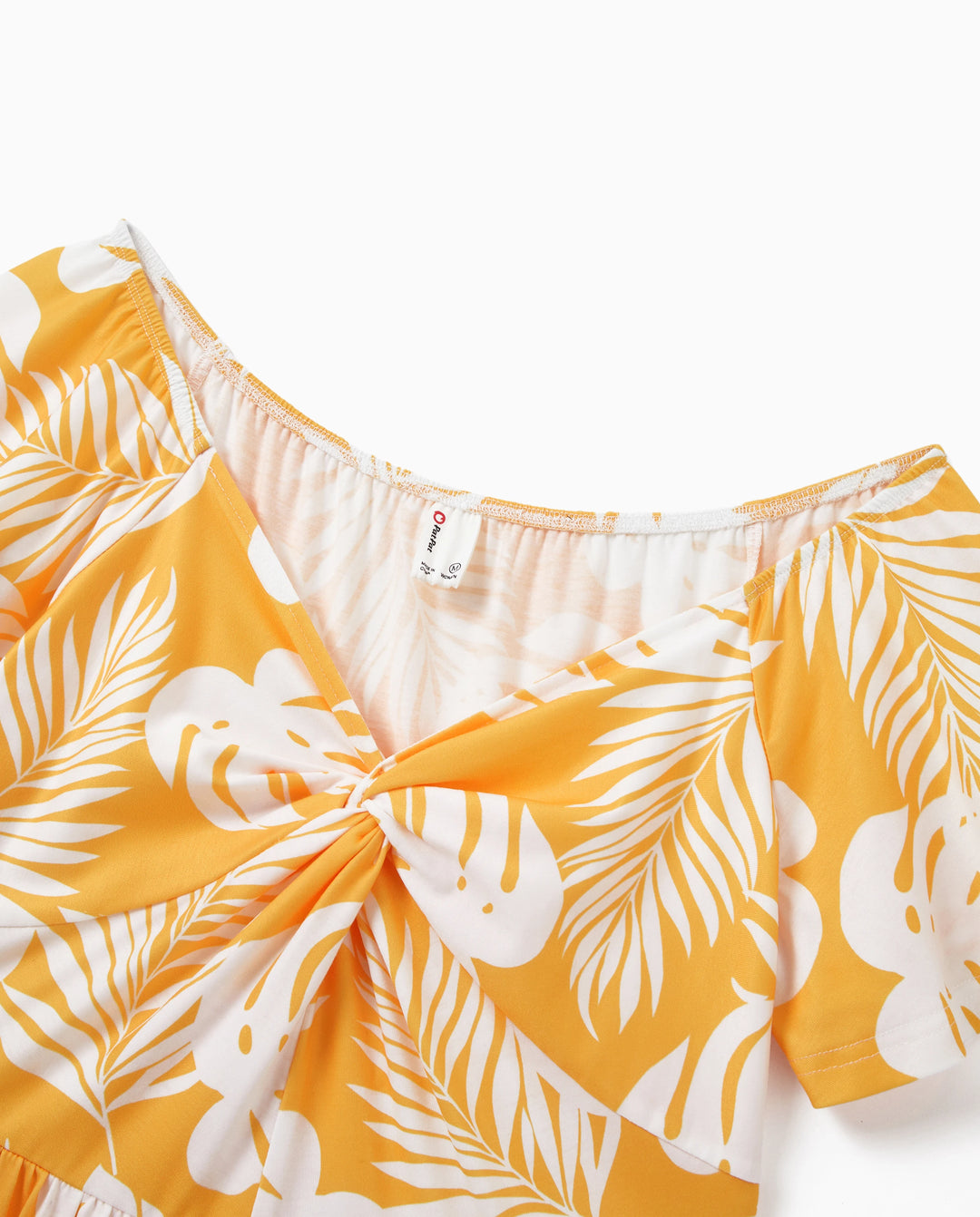 Family Matching Leaf Print  Flutter Dress or Short-sleeve Colorblock Shirts Yellow