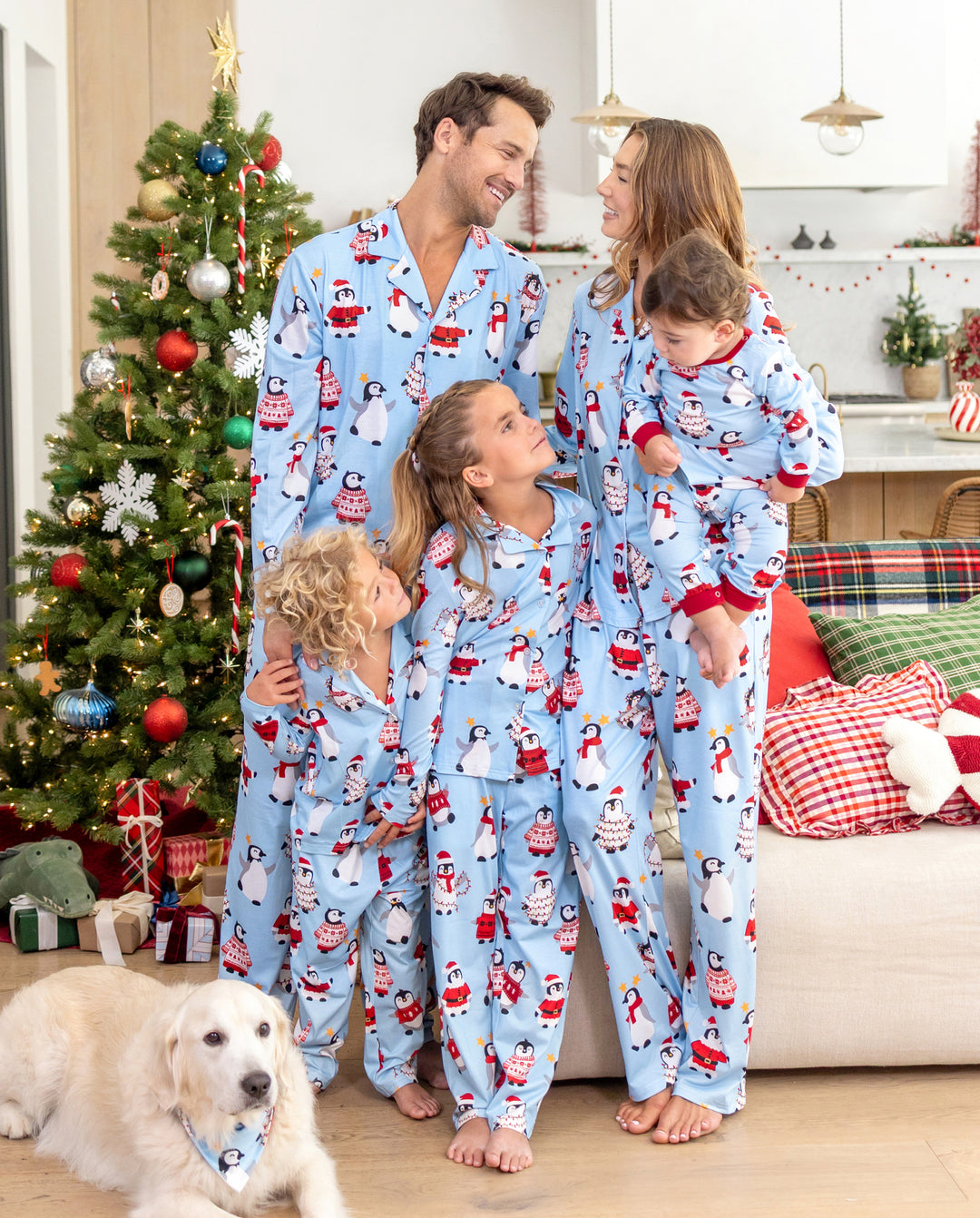 Weihnachts-Pyjamas im Familien-Partnerlook, Pinguin-Print, Blau